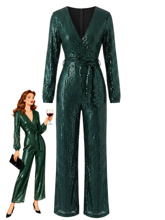 1930s Sequin Wrap Waist Tie Long Sleeve Jumpsuit