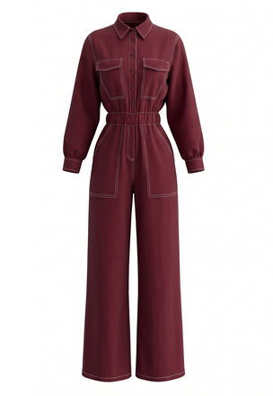 Wine Red 1980s Lapel Contrast Stitch Utility Jumpsuit