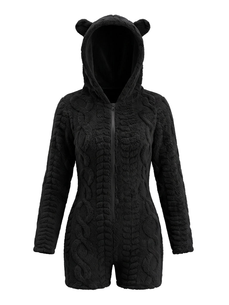Hooded Teddy Bear Embroidered Fleece Romper 9