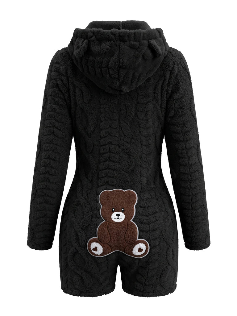 Hooded Teddy Bear Embroidered Fleece Romper 10