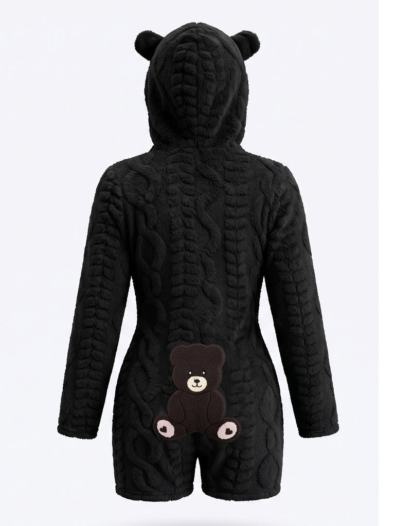 Hooded Teddy Bear Embroidered Fleece Romper 8