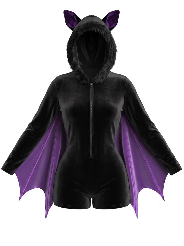 [Pre-Sale] Wine Red 1960s Halloween Bat Wing Hooded Velvet Romper