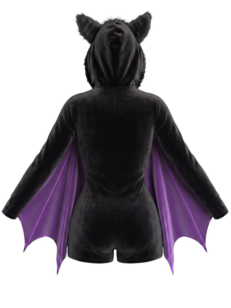 [Pre-Sale] Wine Red 1960s Halloween Bat Wing Hooded Velvet Romper
