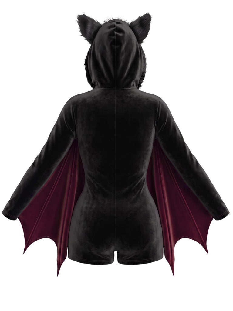 [Pre-Sale] Wine Red 1960s Halloween Bat Wing Hooded Velvet Romper