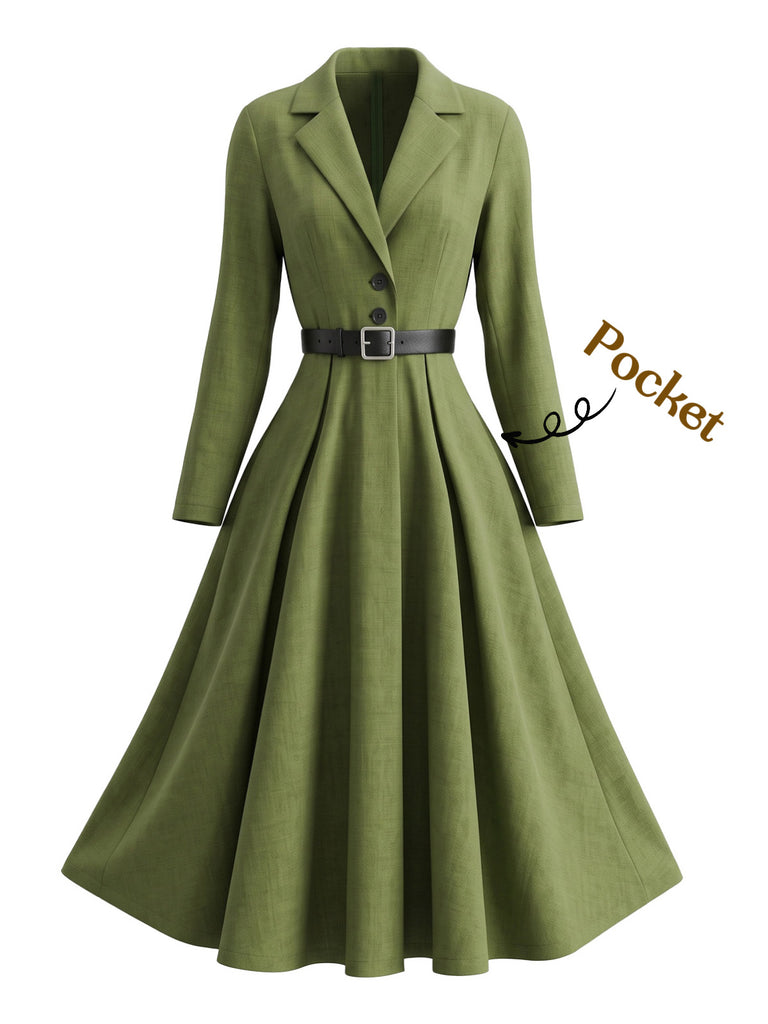 Olive Green 1950s Lapel Long-Sleeve Belted Dress