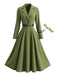 Olive Green 1950s Lapel Long-Sleeve Belted Dress