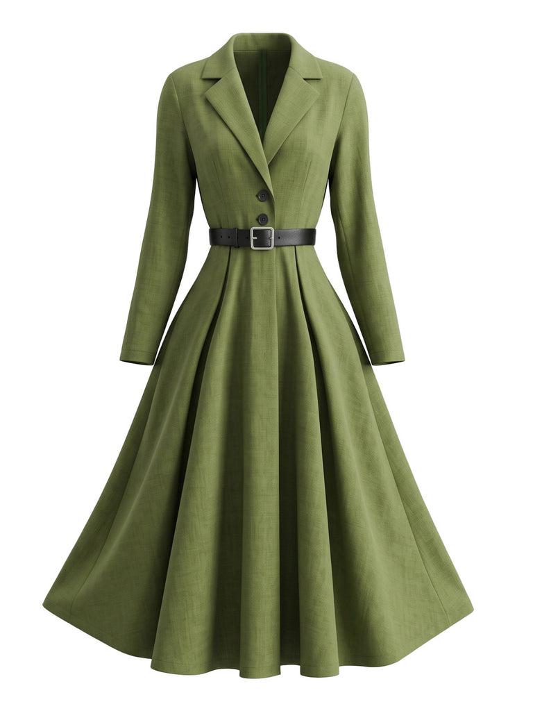 Olive Green 1950s Lapel Long-Sleeve Belted Dress