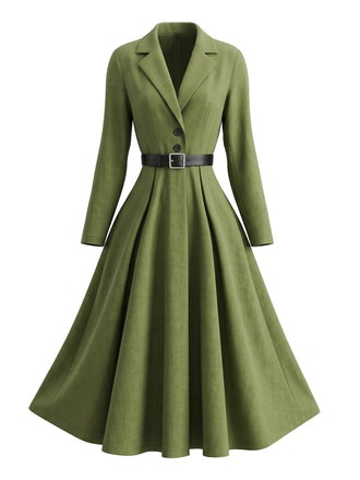 Olive Green 1950s Lapel Long-Sleeve Belted Dress
