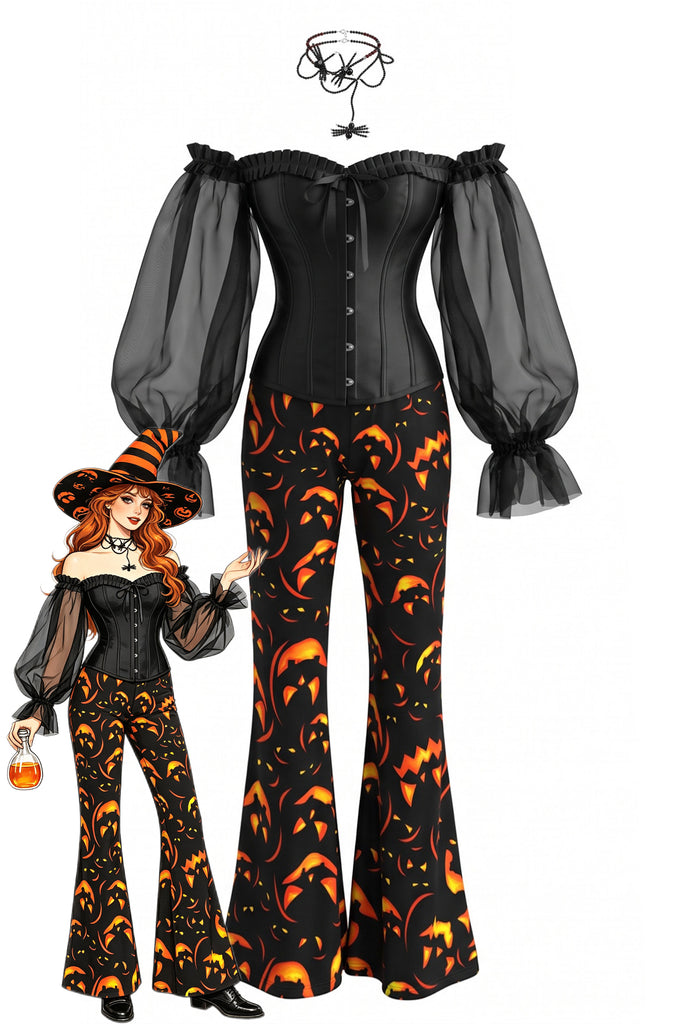2PCS 1970s Gothic Off Shoulder Sheer Corset & Pumpkin Pants