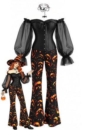2PCS 1970s Gothic Off Shoulder Sheer Corset & Pumpkin Pants