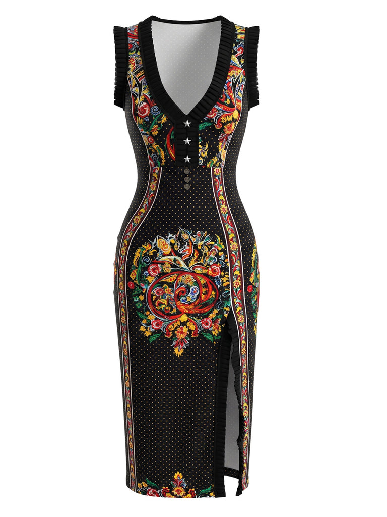 Black 1970s Paisley Print V Neck Ruffle Slit Midi Dress