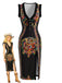 Black 1970s Paisley Print V Neck Ruffle Slit Midi Dress