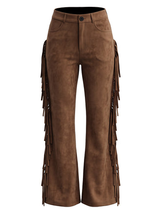 Western Fringe Faux Suede Flared Pants 1