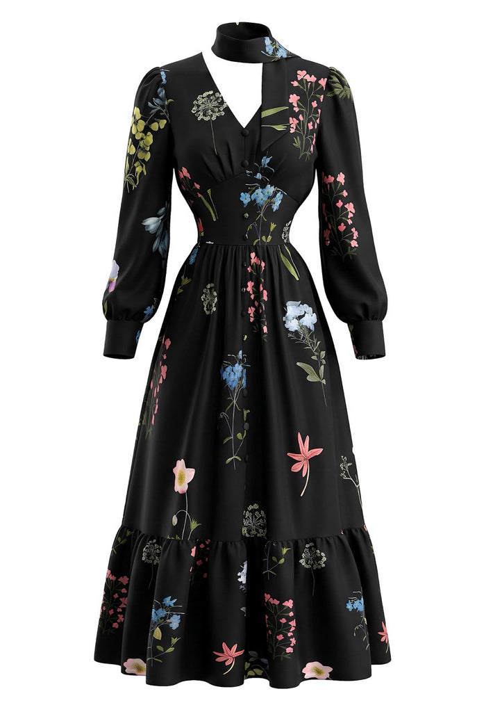Black 1950s Floral V Neck Dress 1