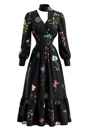 Black 1950s Floral V Neck Dress 1