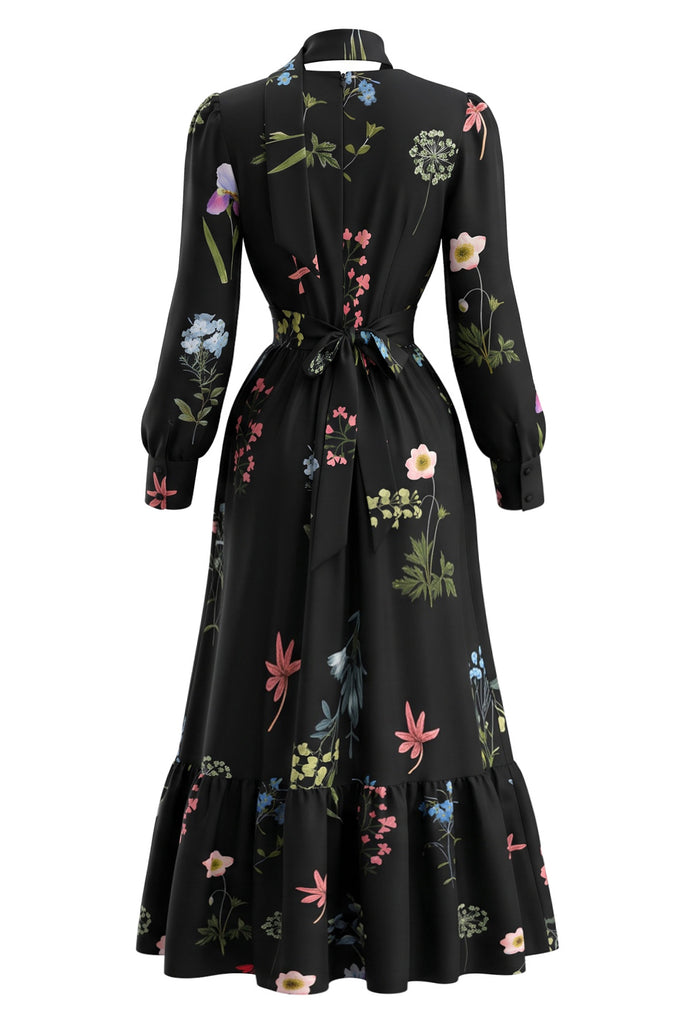 Black 1950s Floral V Neck Dress 2