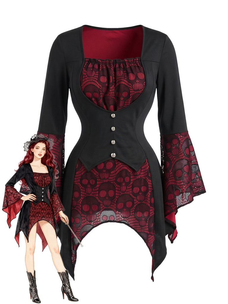 1970s Gothic Square Neck Skull Lace Flare Sleeve Top