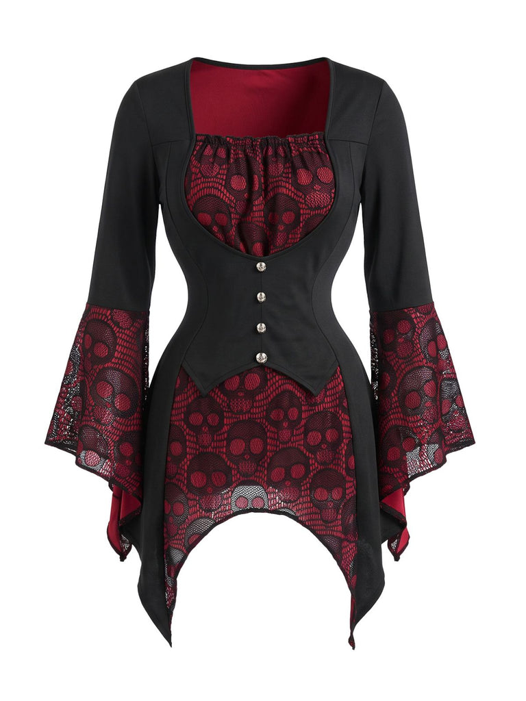 1970s Gothic Square Neck Skull Lace Flare Sleeve Top