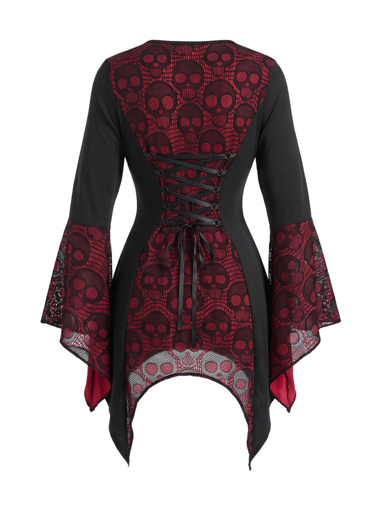 1970s Gothic Square Neck Skull Lace Flare Sleeve Top