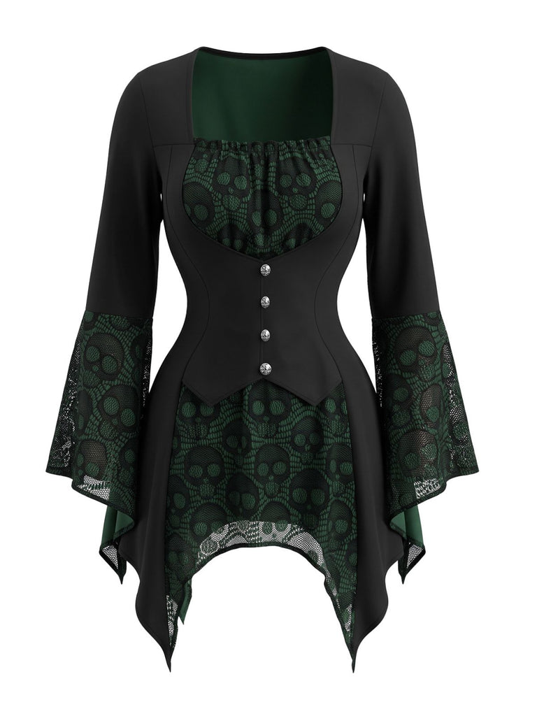 1970s Gothic Square Neck Skull Lace Flare Sleeve Top