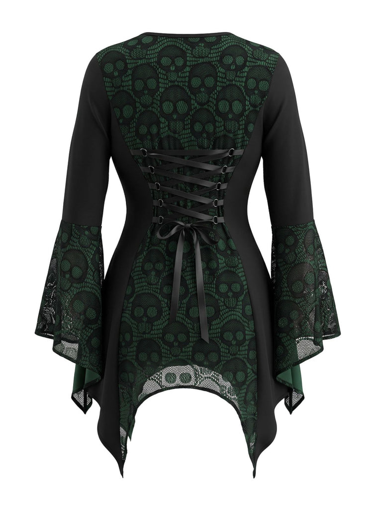 1970s Gothic Square Neck Skull Lace Flare Sleeve Top