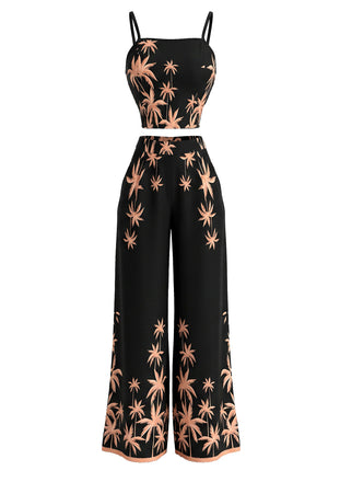 2PCS Black 1970s Tropical Palm Cami Top & Wide-Leg Pants