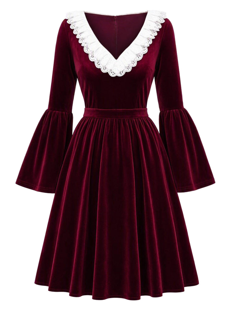 [Pre-Sale] 1950s Wine Red Velvet Ruffle Midi Dress 3