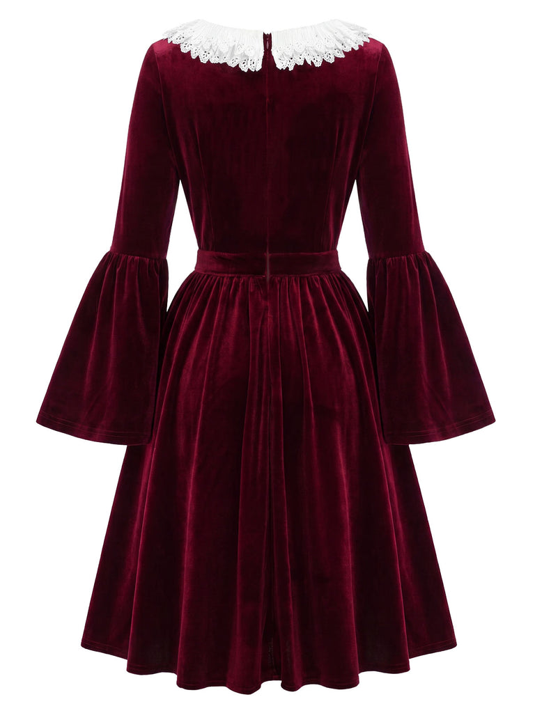 [Pre-Sale] 1950s Wine Red Velvet Ruffle Midi Dress 5