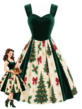 [Pre-Sale] Green 1950s Velvet Christmas Tree Print Dress