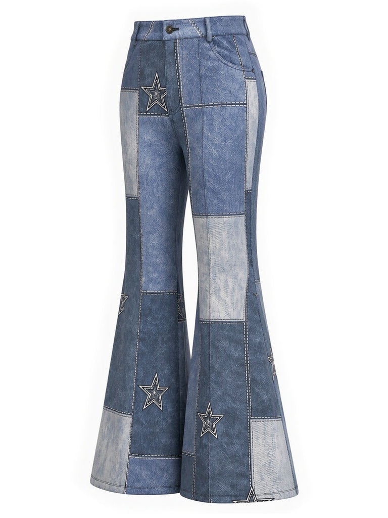 [Pre-Sale] Blue 1970s Star Patchwork Denim-Print Flared Pants