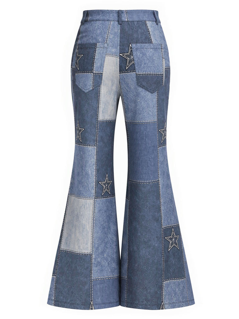 [Pre-Sale] Blue 1970s Star Patchwork Denim-Print Flared Pants