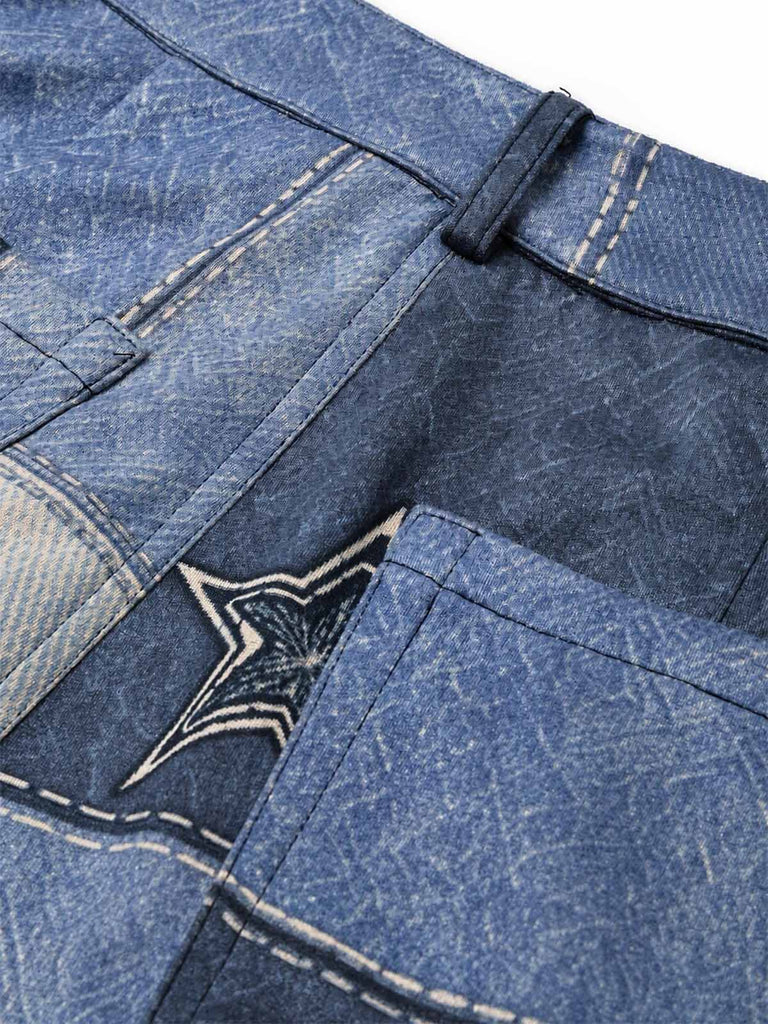 [Pre-Sale] Blue 1970s Star Patchwork Denim-Print Flared Pants