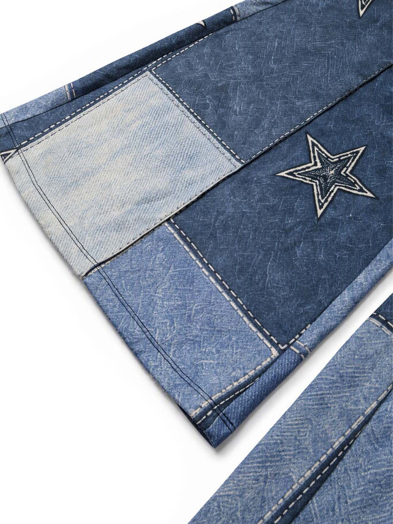 [Pre-Sale] Blue 1970s Star Patchwork Denim-Print Flared Pants