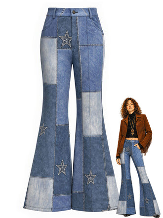 [Pre-Sale] Blue 1970s Star Patchwork Denim-Print Flared Pants
