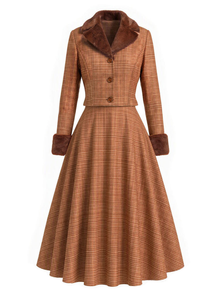 [Pre-Sale] 2PCS Brown 1940s Plaid Faux-Fur Notched Cropped Jacket & Skirt