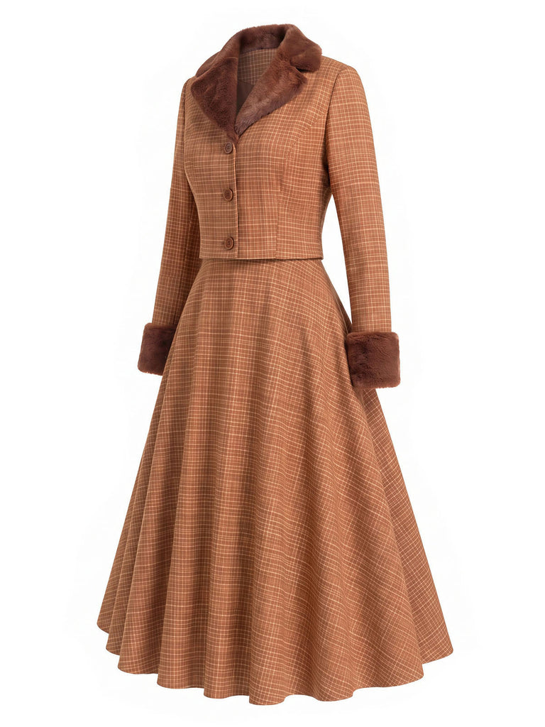 [Pre-Sale] 2PCS Brown 1940s Plaid Faux-Fur Notched Cropped Jacket & Skirt