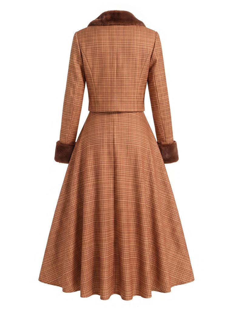 [Pre-Sale] 2PCS Brown 1940s Plaid Faux-Fur Notched Cropped Jacket & Skirt