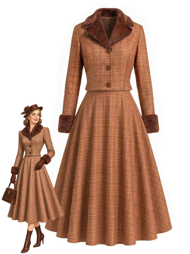 [Pre-Sale] 2PCS Brown 1940s Plaid Faux-Fur Notched Cropped Jacket & Skirt