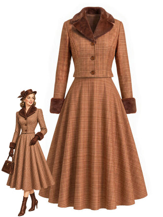 [Pre-Sale] 2PCS Brown 1940s Plaid Faux-Fur Notched Cropped Jacket & Skirt