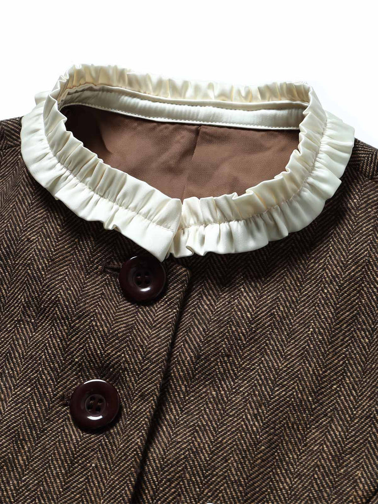 [Pre-Sale] 2PCS 1940s Herringbone Stand Collar Ruffled Jacket & Pencil Skirt