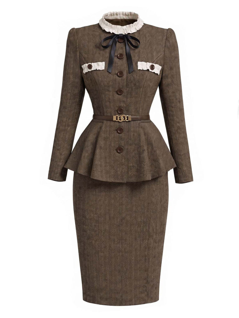 [Pre-Sale] 2PCS 1940s Herringbone Stand Collar Ruffled Jacket & Pencil Skirt