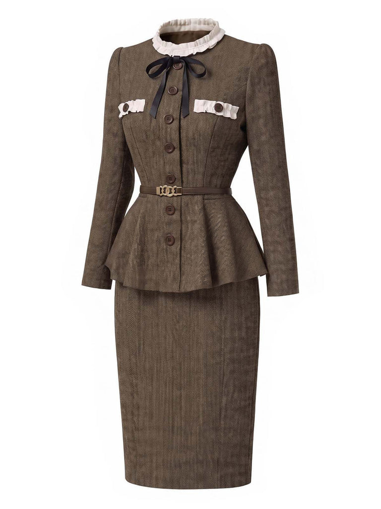 [Pre-Sale] 2PCS 1940s Herringbone Stand Collar Ruffled Jacket & Pencil Skirt