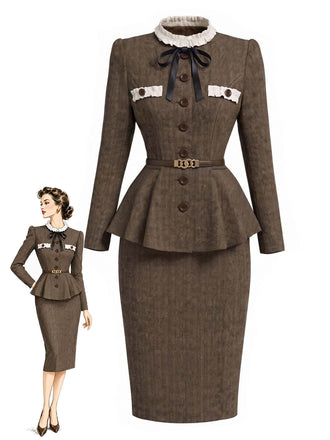 [Pre-Sale] 2PCS 1940s Herringbone Stand Collar Ruffled Jacket & Pencil Skirt