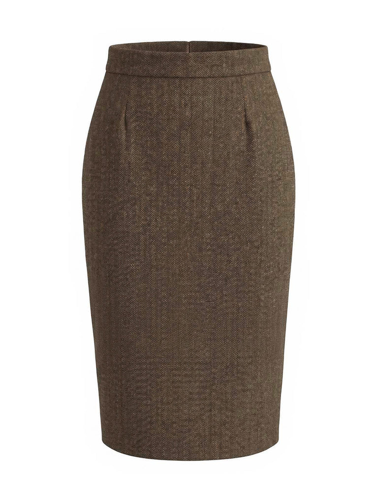 [Pre-Sale] 2PCS 1940s Herringbone Stand Collar Ruffled Jacket & Pencil Skirt