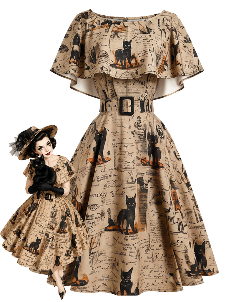 [Pre-Sale] Khaki 1950s Cat Newspaper Print Capelet Belted Swing Dress