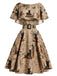[Pre-Sale] Khaki 1950s Cat Newspaper Print Capelet Belted Swing Dress