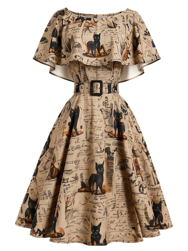 Khaki 1950s Cat Newspaper Print Capelet Belted Swing Dress
