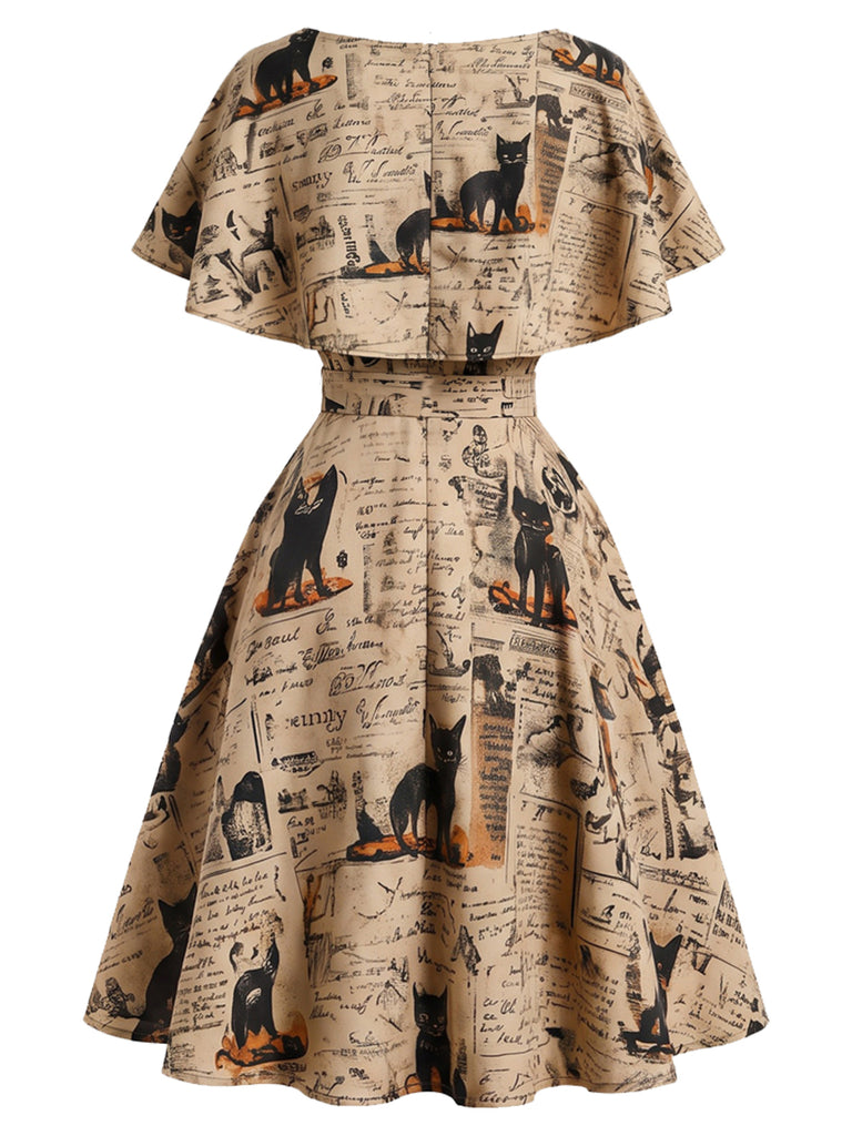 [Pre-Sale] Khaki 1950s Cat Newspaper Print Capelet Belted Swing Dress