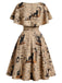[Pre-Sale] Khaki 1950s Cat Newspaper Print Capelet Belted Swing Dress