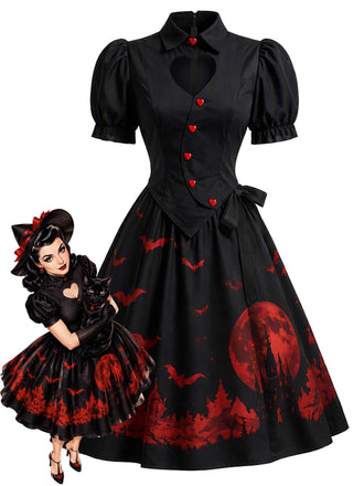 [Pre-Sale] Black 1950s Bat Moon Print Heart Cutout Swing Dress